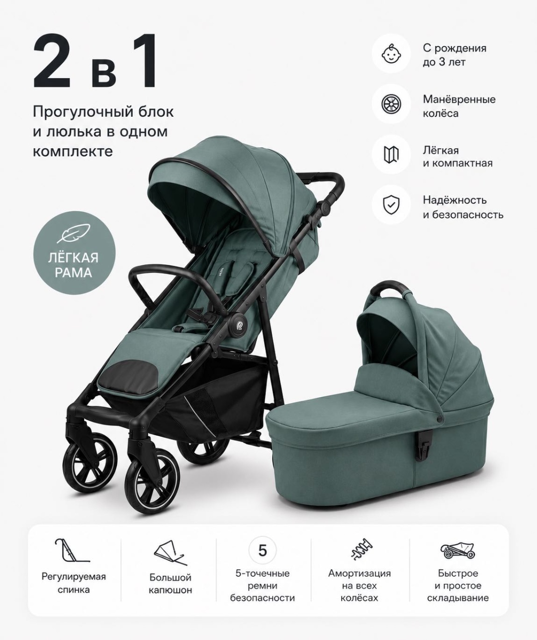 Коляска универсальная 2 в 1 1Kids Newlixe, зеленый