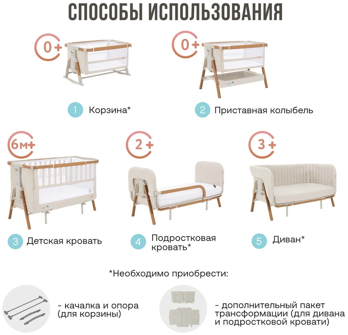 TUTTI приставная кровать, без функции качания Bambini CoZee XL для детей от 0 до 3-х лет
