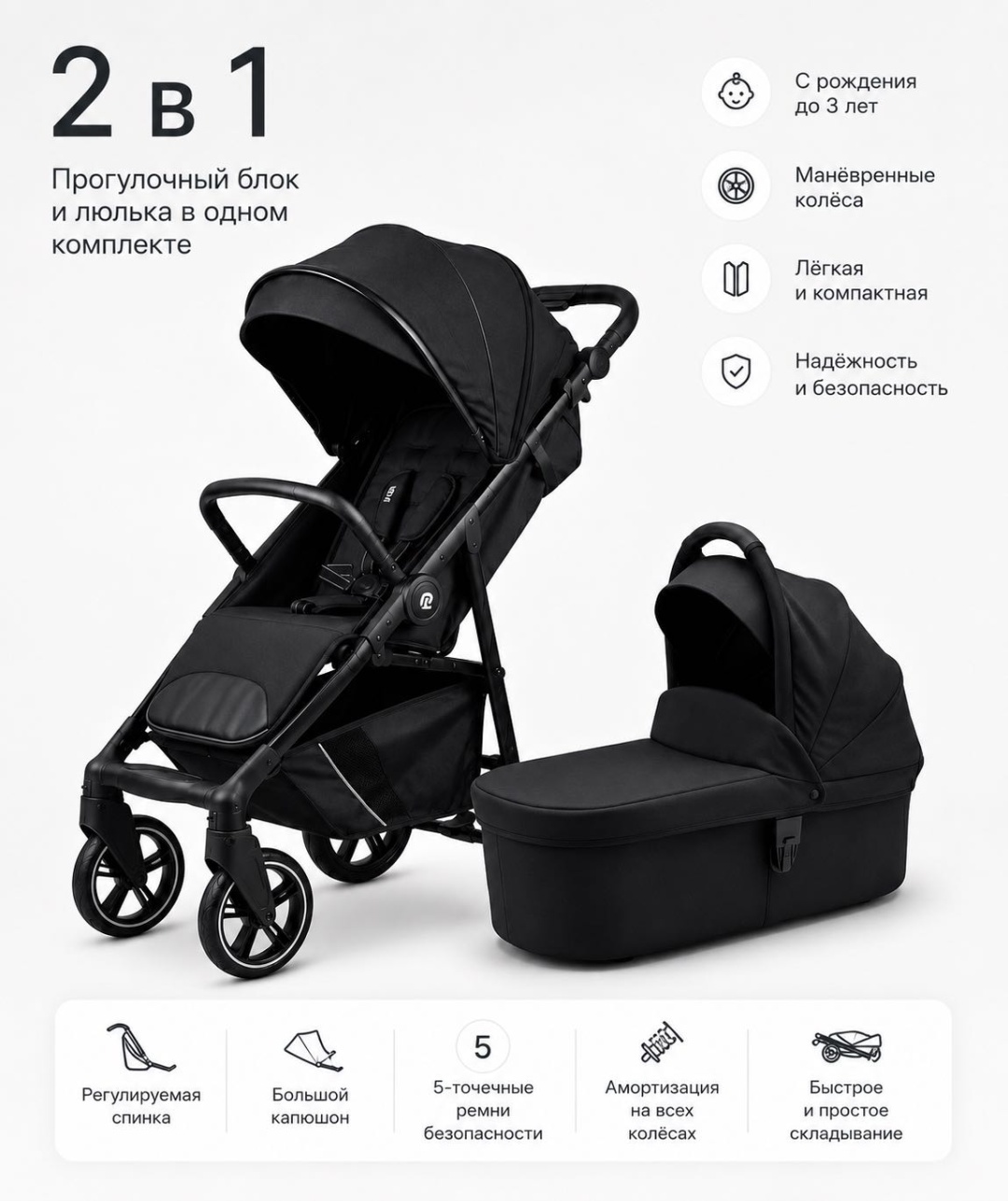 Коляска универсальная 2 в 1 1Kids Newlixe, черный