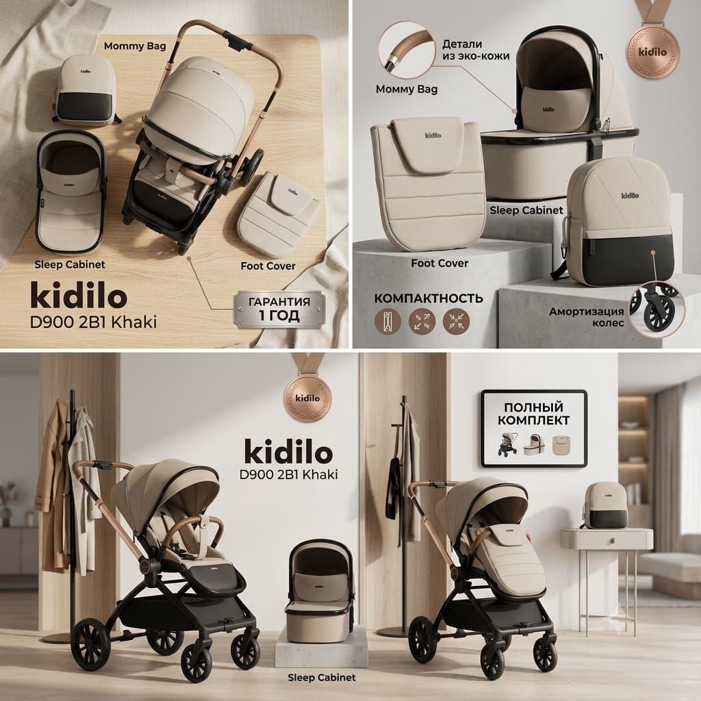 Коляска прогулочная Kidilo D900 2в1 бежевый